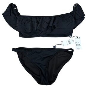 NWT Ralph Lauren Black Bikini Two Piece Ruffle Medallion Off Shoulder Swimsuit M